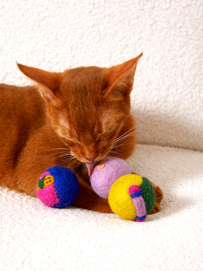 Hand-felted wool cat toys in vibrant colors – eco-friendly and soft